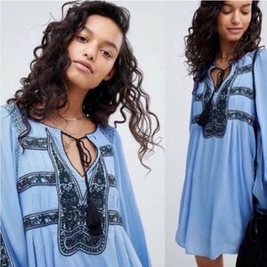 Free People Wind Willow Blue Embroidered Dress